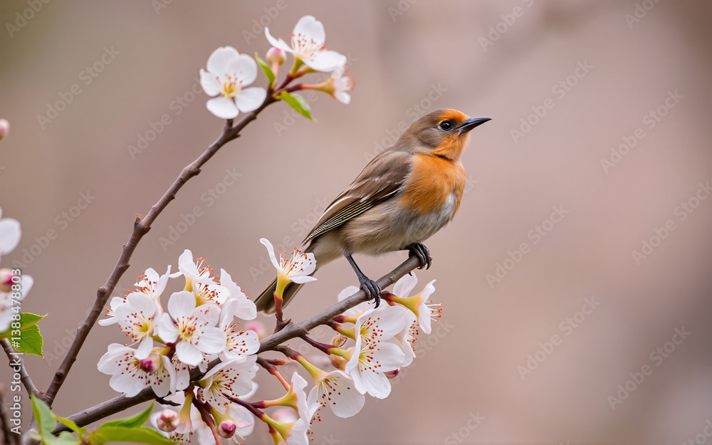 Poster a robin rests upon a flowering branch with white blossoms, creating a serene spring scene. the soft 