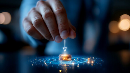 Business professional presents a blue glowing digital target with an arrow in the center.