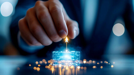 Business professional presents a blue glowing digital target with an arrow in the center.