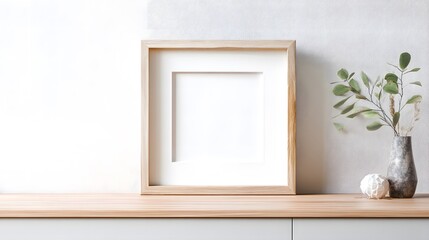 Empty Wooden Frame on White Wall, Minimalist Home Aesthetic