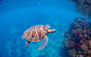 Obraz premium A sea turtle glides through the clear blue ocean near a colorful coral reef. Sunlight penetrates the surface, illuminating the underwater scene of marine life.