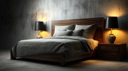 A modern bedroom with soft ambient lighting, featuring a dark wood bed with light gray bedding and matching side tables