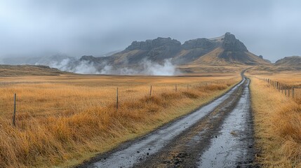 A rural dirt road leads through a misty landscape scenery