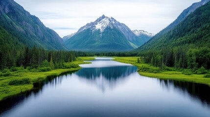 Serene mountain lake nestled in a lush valley