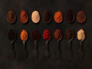 Collection of various spices in antique spoons on dark background.  Great for culinary, food blogs, recipe websites and more.