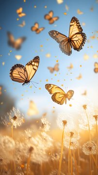 Fototapeta Whimsical butterflies flying over a golden dandelion meadow