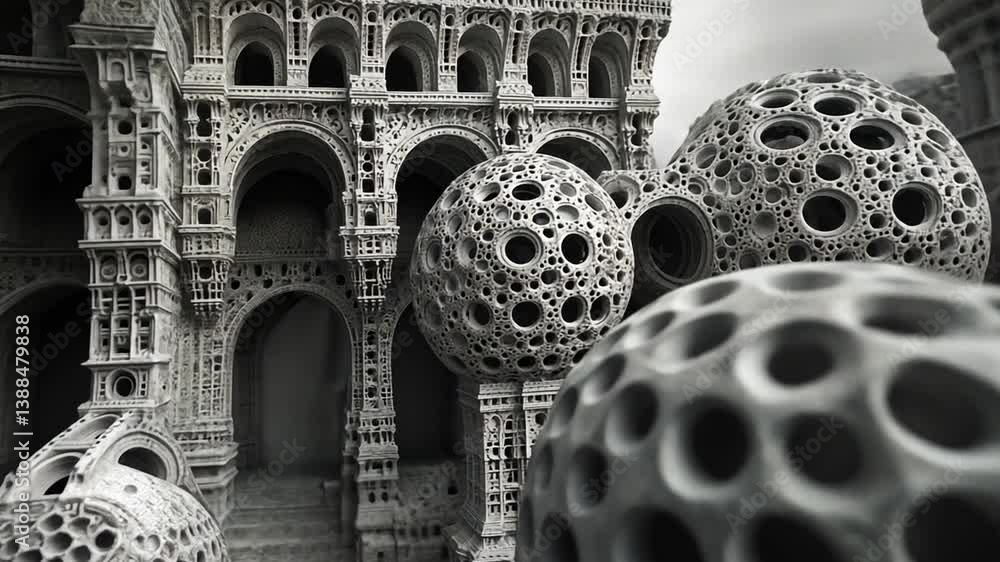 Poster abstract architecture with intricate structures and spheres generative ai