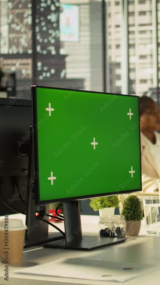 Poster vertical video employee at work having trouble with broken keyboard while using isolated screen pc. 