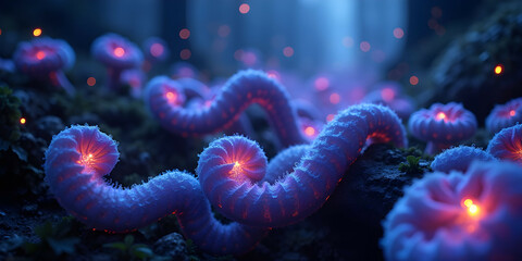 Subterranean Ecosystem Backdrop Featuring Glowing Organic Textures and Ethereal Floating Spores for Wallpapers and Backgrounds
