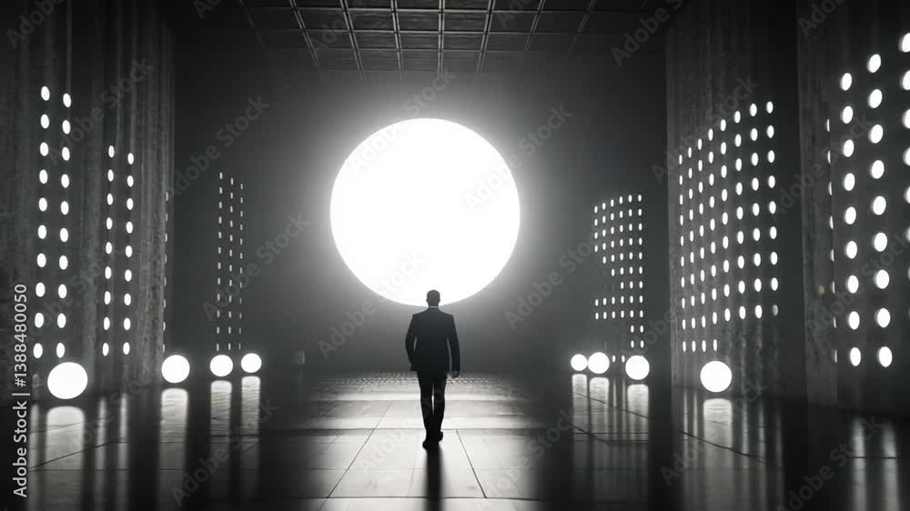Poster silhouette walking towards bright circular light in a modern space generative ai