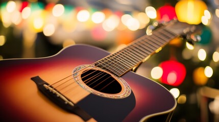 Fototapeta premium Acoustic guitar in focus with colorful lanterns blurred, evoking warmth and artistic serenity. 