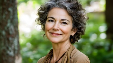 Fototapeta premium Portrait of a Smiling Mature Woman with Gray Curly Hair Outdoors