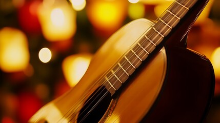 Naklejka premium Acoustic guitar in focus with colorful lanterns blurred, evoking warmth and artistic serenity. 