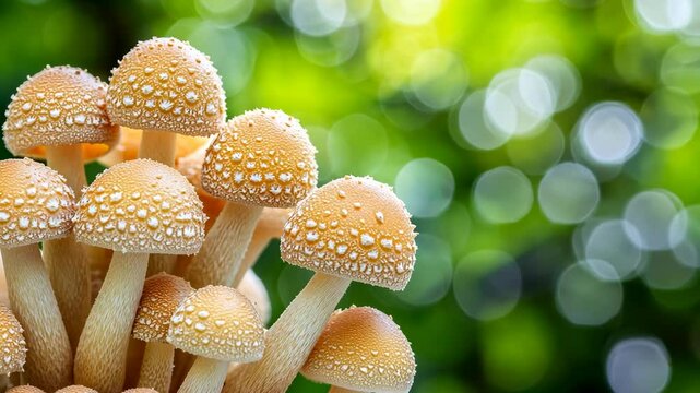 Mushroom cluster glistening with dew under soft natural light in a lush green environment