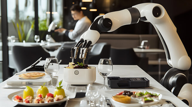 Mechanical arms constructing autonomous mobile service robots for hospitality industry in a service lab, robotic arms fitting cleaning tools, sensors