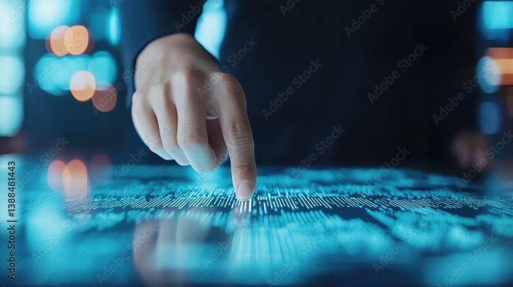 Poster person's finger interacting with a futuristic glowing digital interface screen displaying data code