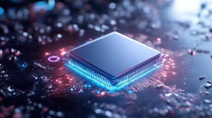 High-tech processor on circuit board.  Glowing, advanced chip