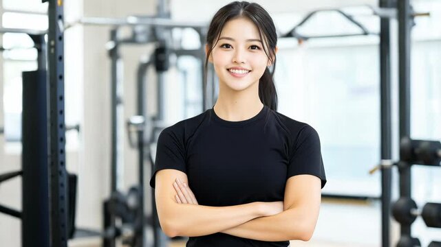 日本人 アジア人 女性 美しい 筋肉 パーソナル トレーナー スマイル ジム バストショット 黒 灰色 白 背景