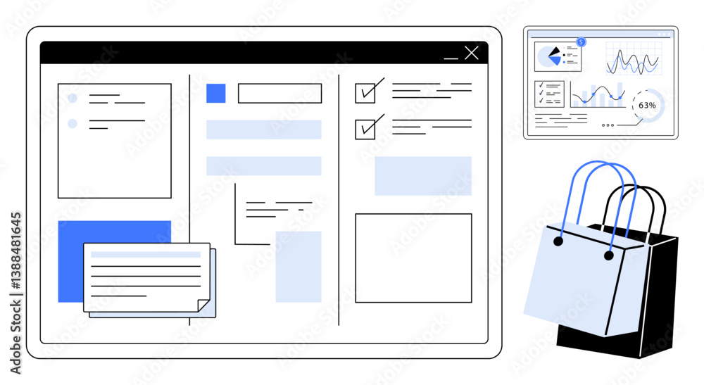 Aufkleber e-commerce website interface with shopping lists, checkboxes, and text fields. shopping bag and data