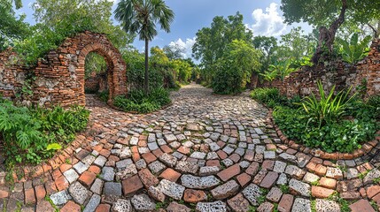 A Brick Paved Pathway Through Lush Vegetation And Ancient Walls