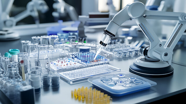 Mechanical arms constructing autonomous robots for precision medical lab testing in a healthcare lab, robotic arms fitting diagnostic tools, petri dishes