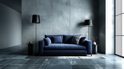 A modern living room featuring a rich navy blue couch in the center of the room, flanked by sleek black lamps on either side