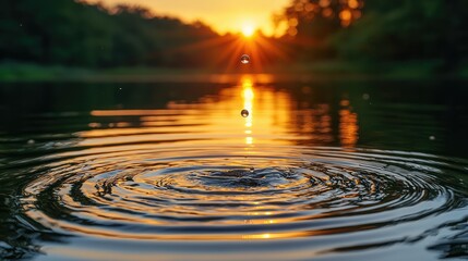 Water droplets cascading into calm lake at a vibrant sunset