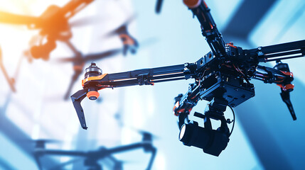 Mechanical arms constructing autonomous security drones for smart cities in a security tech lab, robotic arms fitting surveillance cameras, sensors