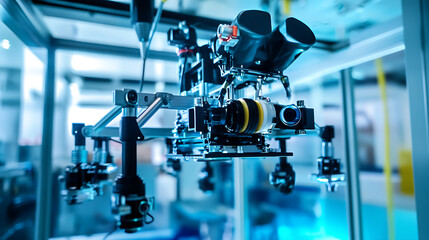 Mechanical arms constructing autonomous underwater drones for marine research in a robotics lab, robotic arms fitting sonar, propellers