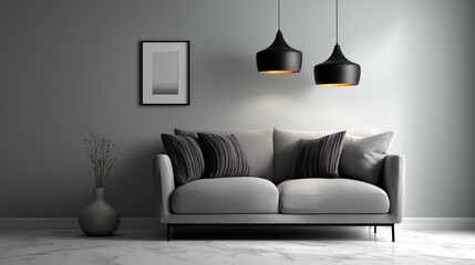 A modern living room with a sleek light gray sofa against a soft dove gray wall, minimalist design with a white marble floor
