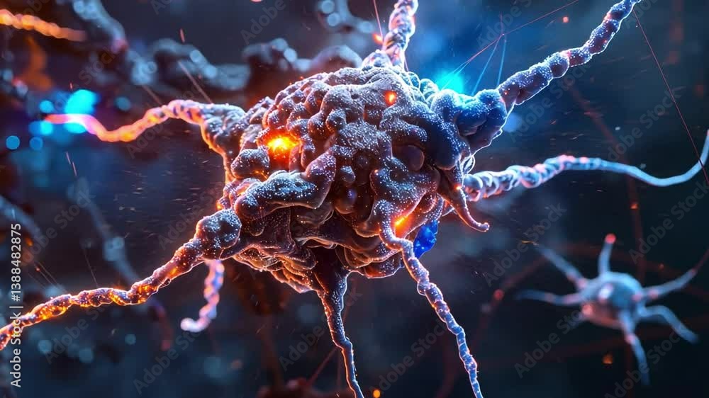Poster exploring glowing connections of neurons microscopic view into intricate structure and anatomy of ne