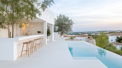 Fototapeta premium A modern outdoor bar with stools overlooking an infinity pool, white minimalist architecture, lush greenery, serene sunset sky, and luxury lifestyle concept.