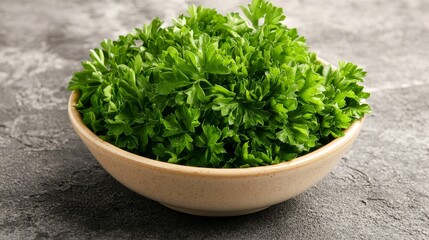 Fototapeta premium Fresh Parsley Leaves Displayed in a Cozy Ceramic Bowl on a Textured Surface