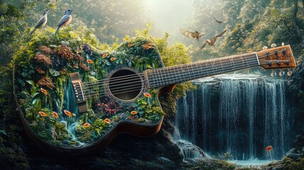 Acoustic guitar adorned with a vibrant, lush forest scene.  Waterfall backdrop