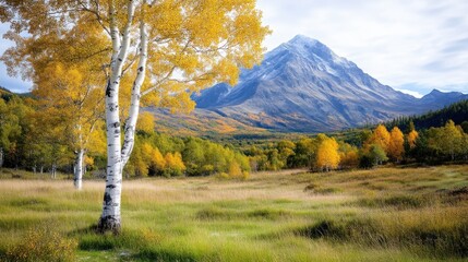 A majestic mountain peak with vibrant autumn foliage, birch tree in the foreground, serene landscape with colorful fall scenery, and nature photography.