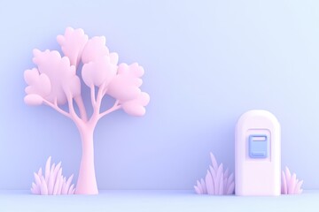 Pastel-toned 3D illustration of a tree and a mailbox.  A soft, serene scene with a light pink tree and a light white mailbox