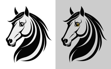 Horse head, black and white or monochrome for logos or emblems, or a hallmark on other products. 