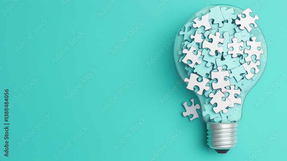 Poster lightbulb filled with puzzle pieces creative solution concept innovative thinking and problem solvin