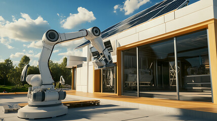 Mechanical arms constructing modular smart homes with renewable energy systems in a sustainable living lab, robotic arms fitting insulation panels, solar roofing