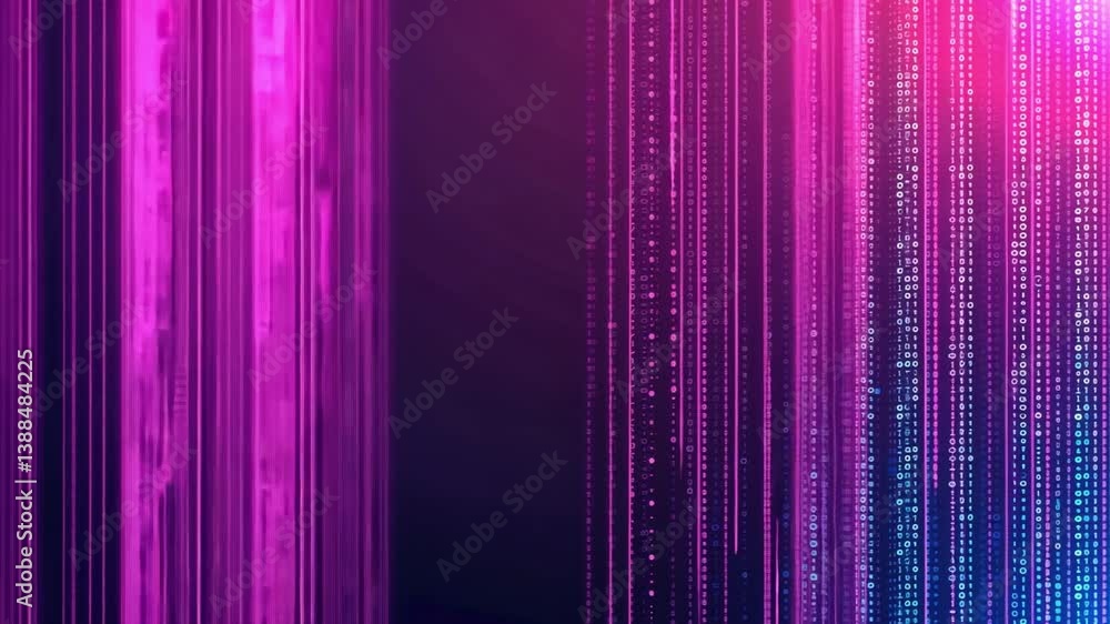 Poster abstract digital background with vibrant pink and purple lines of binary code, showcasing data strea
