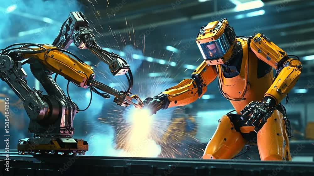 Poster robots welding in a modern production line during daytime operations generative ai