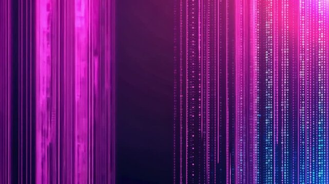 Abstract digital background with vibrant pink and purple lines of binary code, showcasing data streams and creating futuristic, tech inspired atmosphere.
