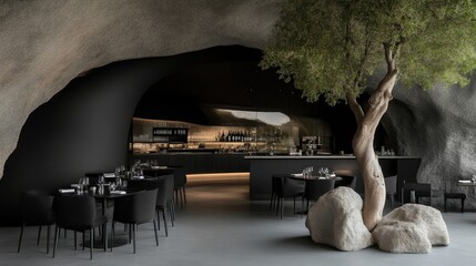 Modern cave-like restaurant interior with dark accents.  Olive tree centerpiece