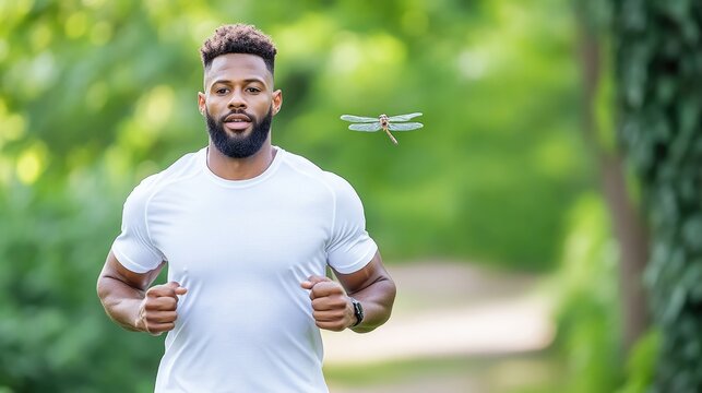 A man jogs outdoors, wearing a white shirt. A dragonfly flies nearby. The photo is well-lit, high-quality, and features a shallow depth of field. The style is natural and serene. Warm, earthy tones