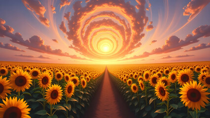 Abstract Sunflower Field with Fractal Petals and Gradient Sky for Modern Wallpaper & Digital Art