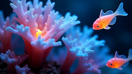 Abstract 3D Plasma Coral Background with Electric Blue Magenta Energy and Molten Glass Fish for Modern Wallpaper & Digital Art