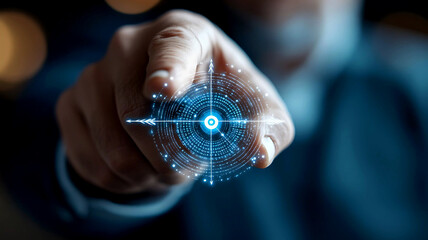 Business professional presents a blue glowing digital target with an arrow in the center, symbolizing precision, success