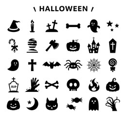 ハロウィンのイラストアイコンセット　線なし　ベクター　黒