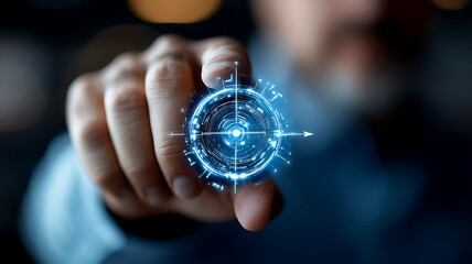 Business professional presents a blue glowing digital target with an arrow in the center, symbolizing precision, success
