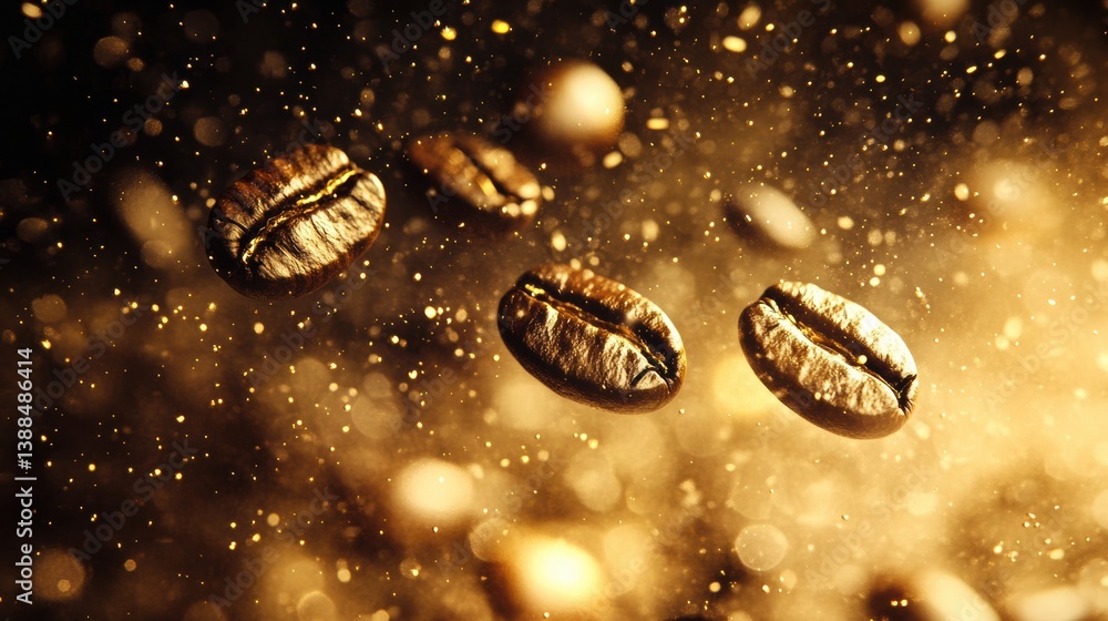 Poster transforming coffee beans into a golden essence, capturing luxury and warmth in an abstract artistic